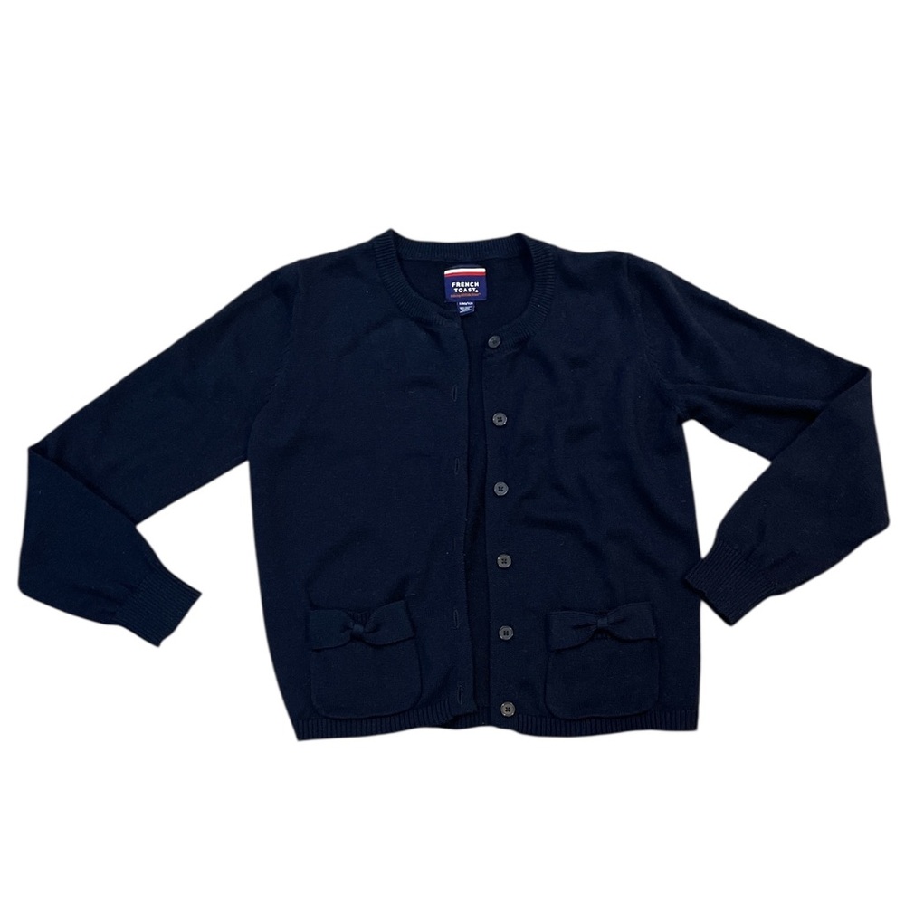 Girls French Toast Bow Pocket Cardigan Navy Button Down School Uniform Size L